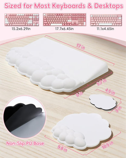 Cloud Wrist Rest Set for Keyboard and Mouse, Ergonomic Memory Foam Wrist Support & Adjustable Keyboard Stand with Two Typing Angles, Silky Lycra Surface, Non-Slip Base (White)