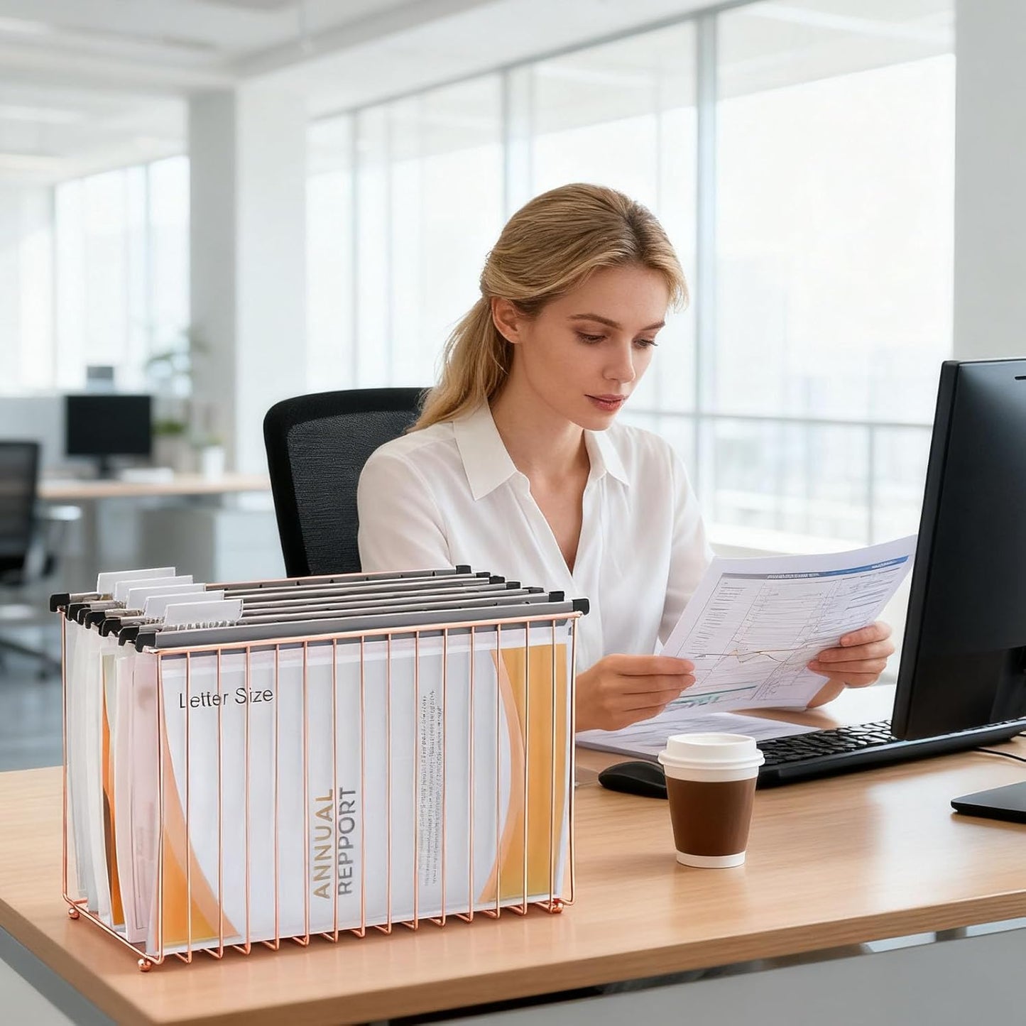 Hanging Rose Gold File Organizer, equipped with a 6-piece set of rose gold desktop accessories
