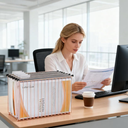 Hanging Rose Gold File Organizer, equipped with a 6-piece set of rose gold desktop accessories