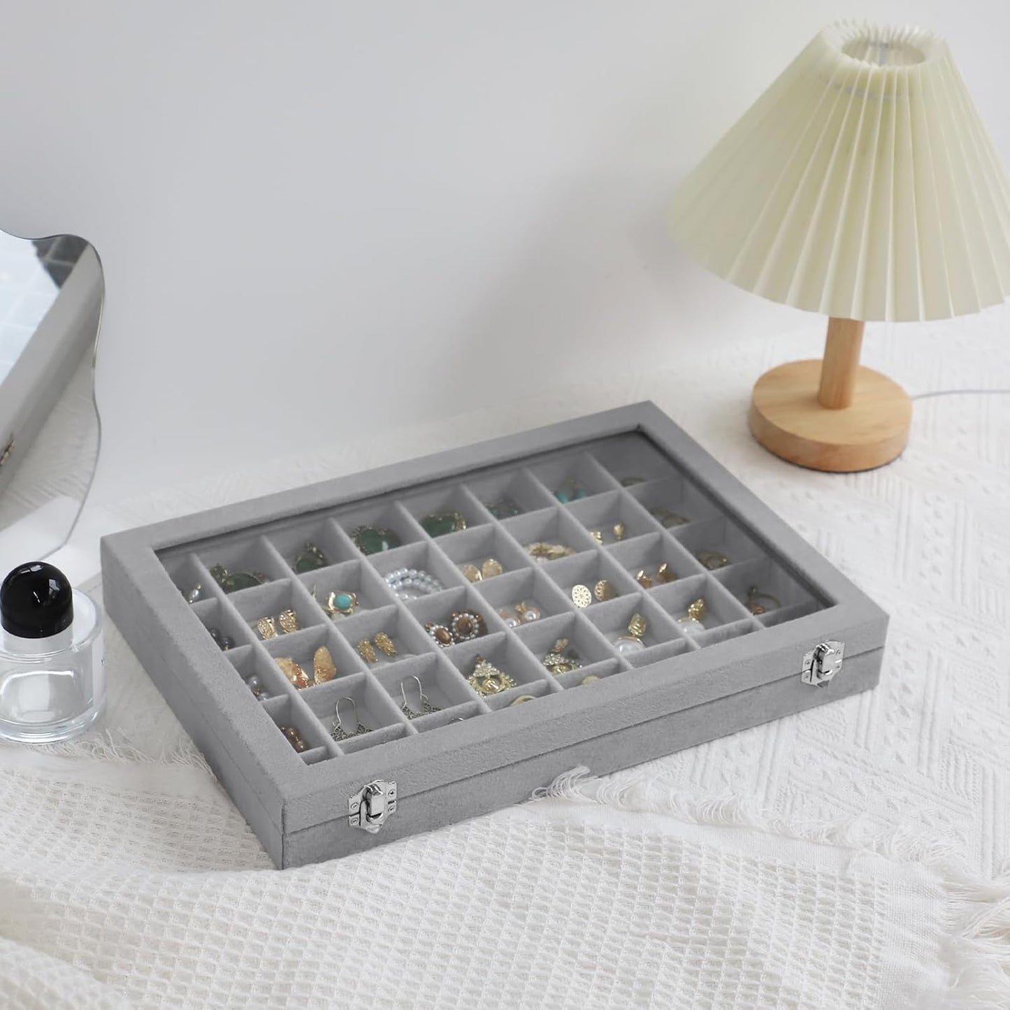 Stratalife Jewelry Organizer Bracelet Organizer Storage Box 12 Grid Stackable Jewelry Tray with Lid Velvet Jewelry Box for Drawer Necklace Bracelet Display Storage Organizer Box (Beige)