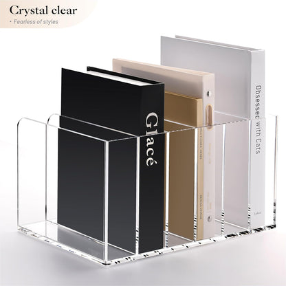 YUXUN Acrylic Magazine Holder,Clear Desk Organizer File Sorter for Notebook,Paper,Envelope,Magazine, Book Storage-Office/Home/Classroom Organization(4 Compartments,B5)