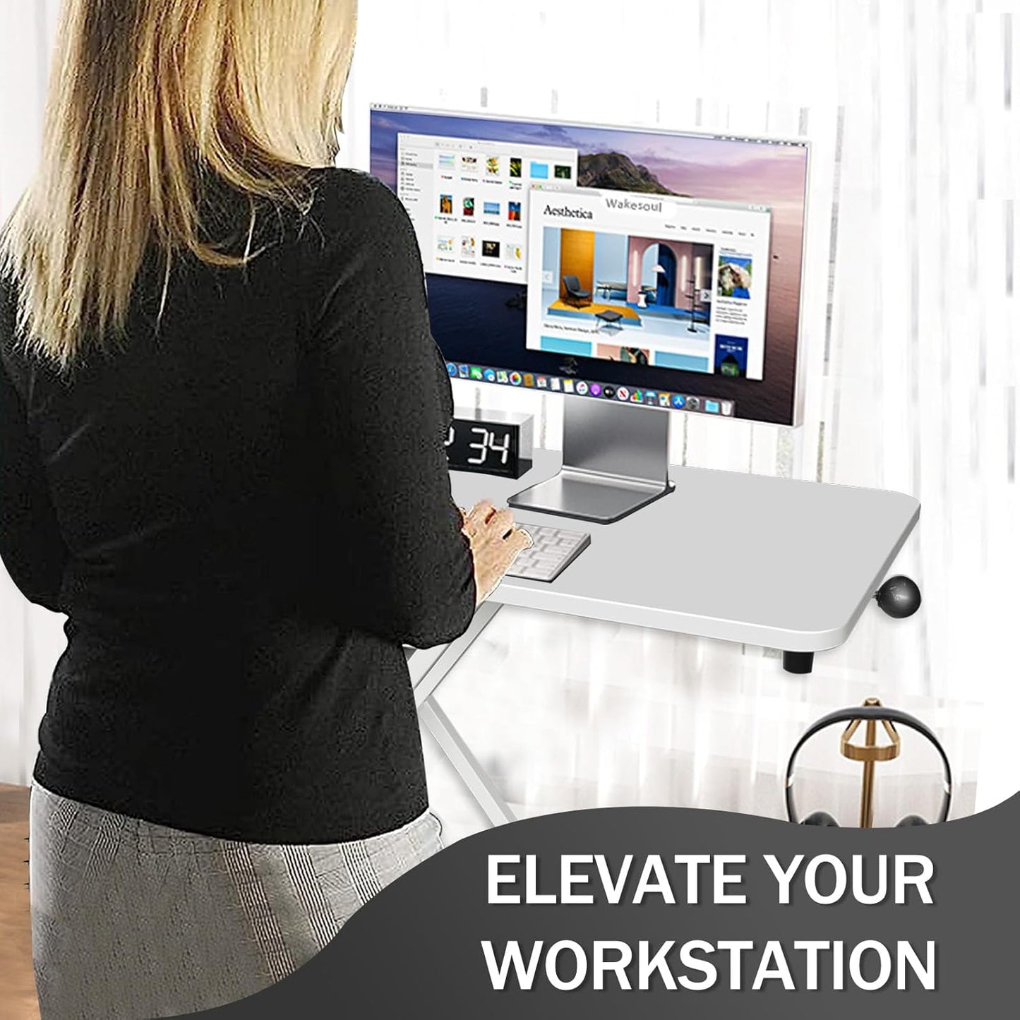 Aconcept Extra-Slim 26 x 14 inch White Lift Standing Desk Converter, Manual Adjustable Height Sit Stand up Desk Riser, Compact for Monitor or Laptop Workstation