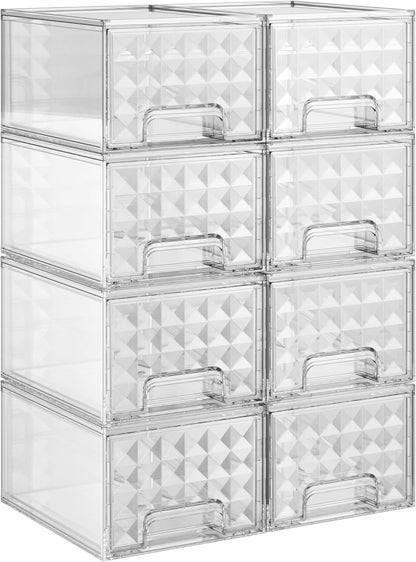 Delamu 6 Pack Stackable Storage Drawers, Makeup Skincare Holder Vanity Storage Organizer, Plastic Drawers For Vanity Desk, Undersink, Kitchen Cabinet, Pantry, Clear, Ideal Christmas Gifts for Girls