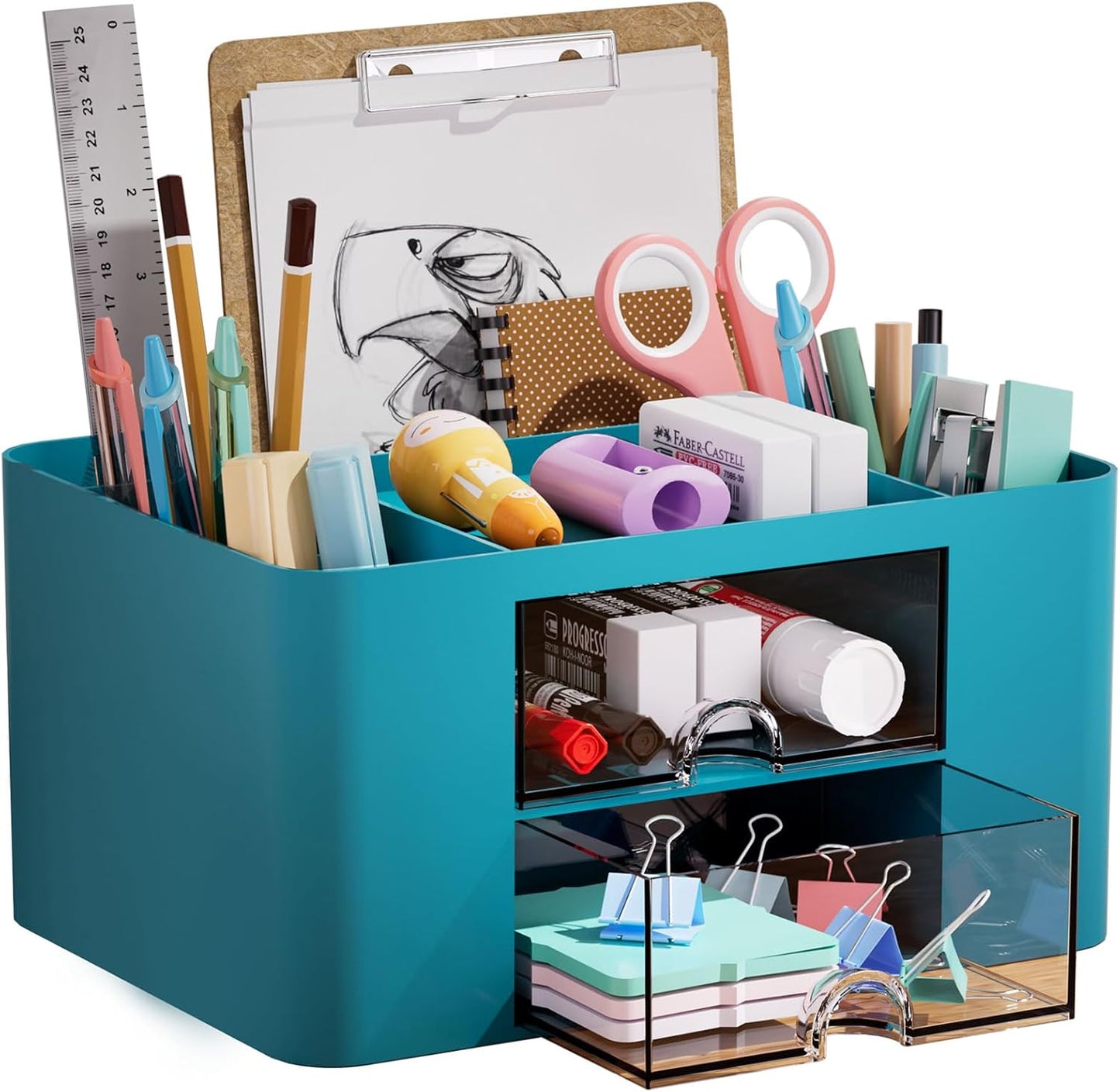 Marbrasse Pen Organizer with 2 Drawer, Multi-Functional Pencil Holder for Desk, Desk Organizers and Accessories with 5 Compartments + Drawer for Office Art Supplies (White)