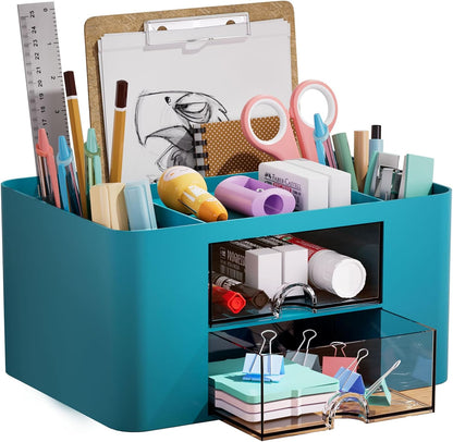 Marbrasse Pen Organizer with 2 Drawer, Multi-Functional Pencil Holder for Desk, Desk Organizers and Accessories with 5 Compartments + Drawer for Office Art Supplies (White)