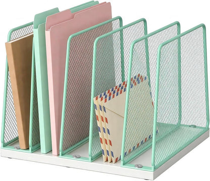 LEKETREE Desk File Organizer, 5-Section Upright File Sorter, Vertical File Folder Holder, Mesh Metal Wood Office Desktop Organization for Document, Magazine, Books and more (Wood and Black)