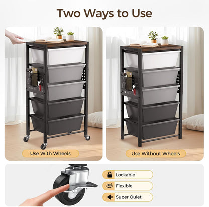 Rolling Cart with 3 Drawers, Plastic Drawer Storage Carts with Lockable Wheels & Wooden Tabletop, Metal Utility Cart Organizer, Office Bedroom Classroom Craft Organization and Storage, Bright White