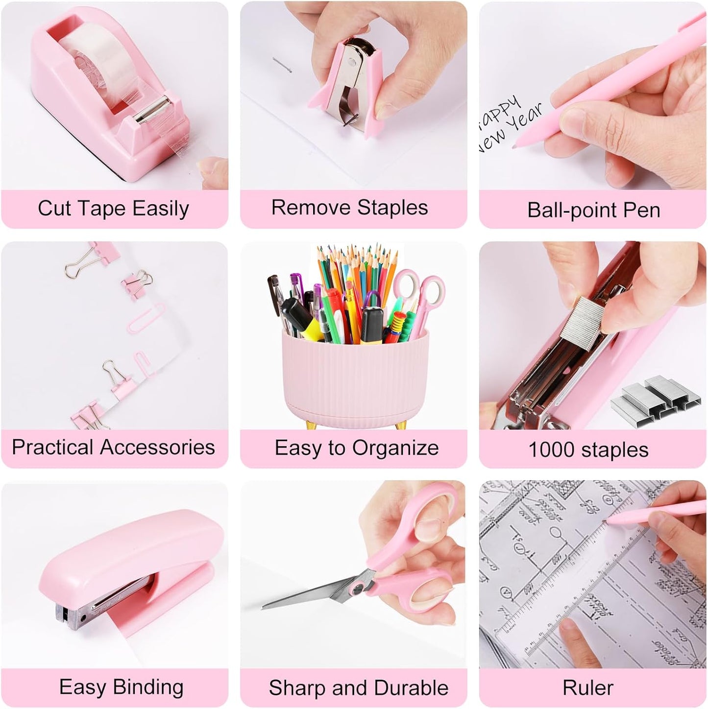 Gawsey Gold Desk Organizers and Accessories Set with 360-Degree Rotating Pen Holder, Acrylic Stapler, Tape Holder, Staple Remover, Binder/Paper Clips Kit, Scissor and 1 Box of Staples