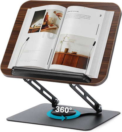 360° Rotating Book Stand for Reading, Adjustable Foldable Book Holder for Reading, Cooking, Office, Compatible with Cookbooks, Textbooks, Tablets, Sheet Music, and Laptops (Black Walnut)