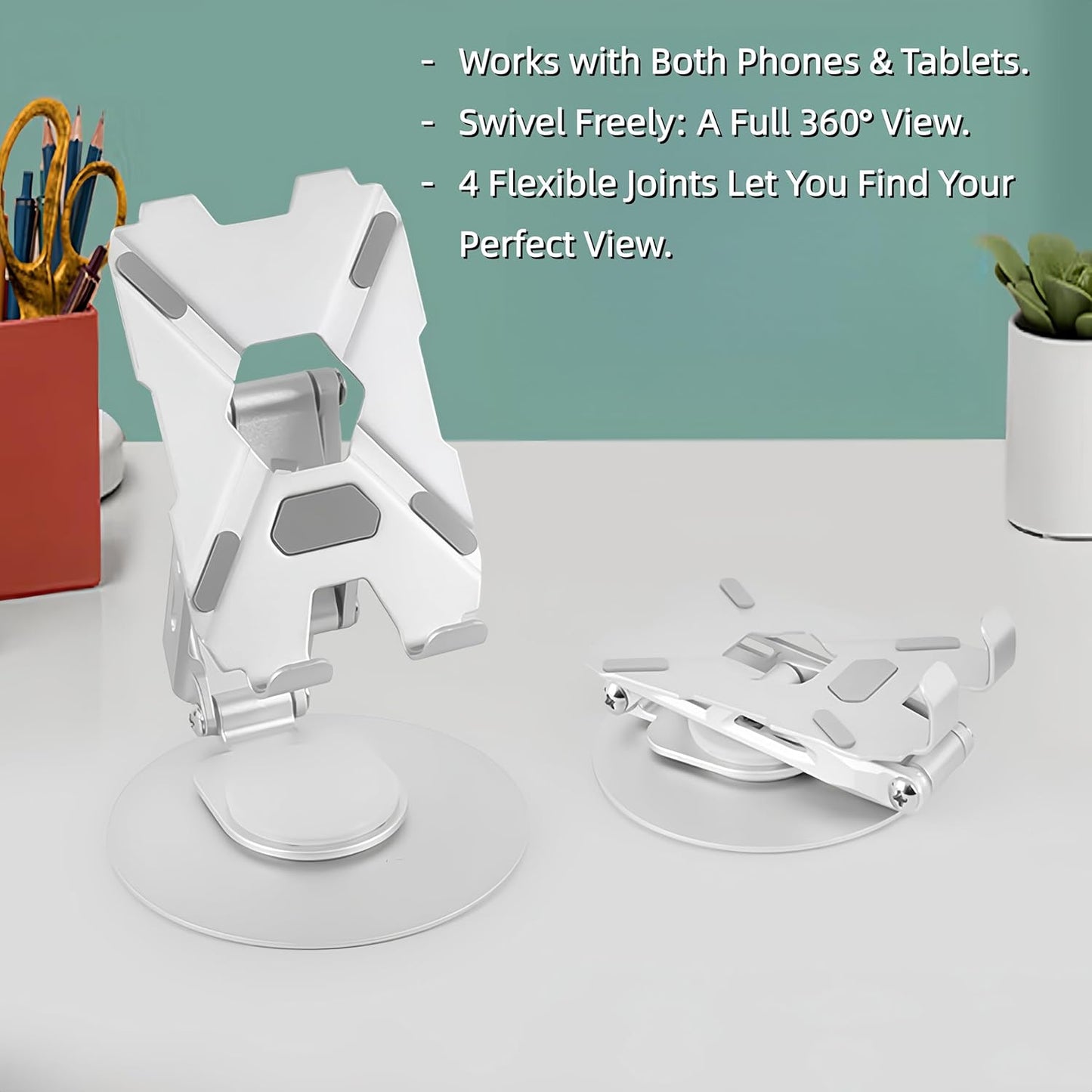 All-Metal Cell Phone Stand 360° Rotatable & Height Adjustable - 25KG Super Load-Bearing, Foldable Desk Stand for Phone, Compatible with iPhone 17/16/15/14, Nintendo Switch, Silver