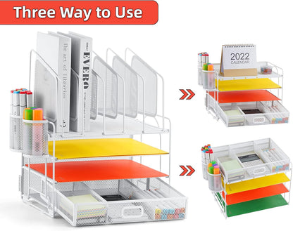 Marbrasse Desk Organizer with Drawer, 4-Tier Mesh File Organizer with 5 Vertical File Holders and 2 Pen Holders, Multifunction Desktop Organizer,Desk Organizers and Accessories for Home Office