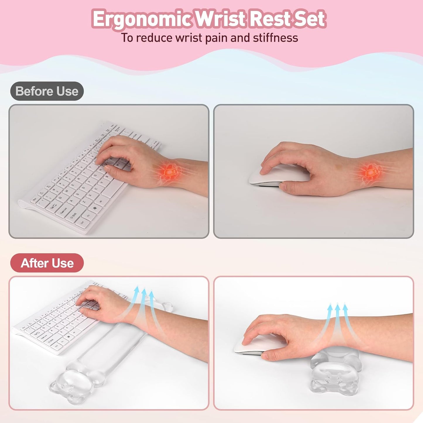 Gel Keyboard and Mouse Wrist Rest Set – Clear Wrist Rest for Computer Keyboard 60%/68%/75%, Comfort & Support for Typing and Gaming(Cute Pink Bear)