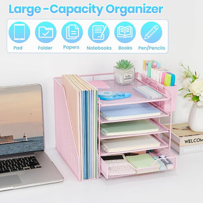 Desk Organizer, 5-Tier Paper Letter Tray Organizer with File Holder, Drawer and Pen Holder, Desktop Organizer for Office Supplies, Black