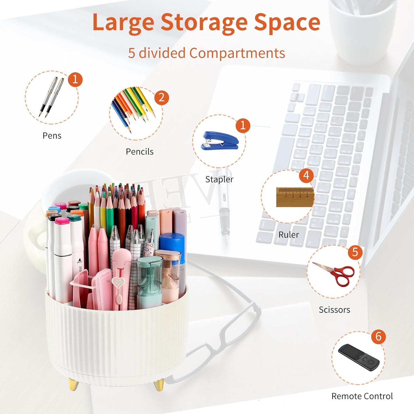 Desk Pencil Pen Holder, 5 Slots 360°Degree Rotating Pen Organizers for Desk, Desktop Storage Stationery Supplies Organizer, Cute Pencil Cup Pot for Office, School, Home, Art Supply, Dark Green