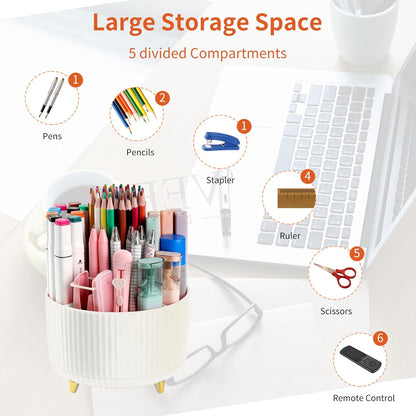 Desk Pencil Pen Holder, 5 Slots 360°Degree Rotating Pen Organizers for Desk, Desktop Storage Stationery Supplies Organizer, Cute Pencil Cup Pot for Office, School, Home, Art Supply, Dark Green