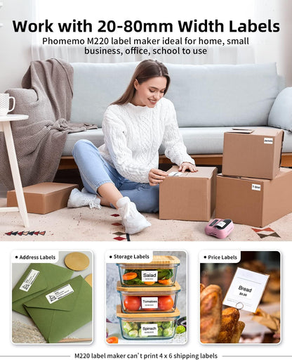 Phomemo Label Maker,M220 Label Printer,3 Inch Bluetooth Thermal Label Maker Machine with 6000+ Icons,700+ Templates,400+ Fonts,for Kids School Items,Small Business,Large Sticker