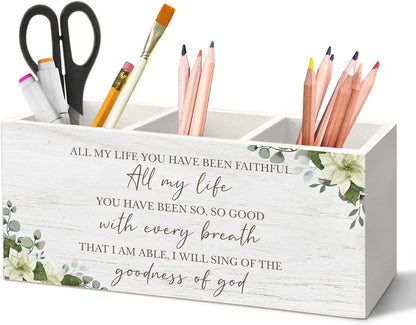 Christian Sparrow Bird Pen Holder for Desk, Religious Scripture Bible Verse Pencil Organizer, His Eye is on The Sparrow Bird Wooden Pen Holder Desk Accessories Decor for Home Office