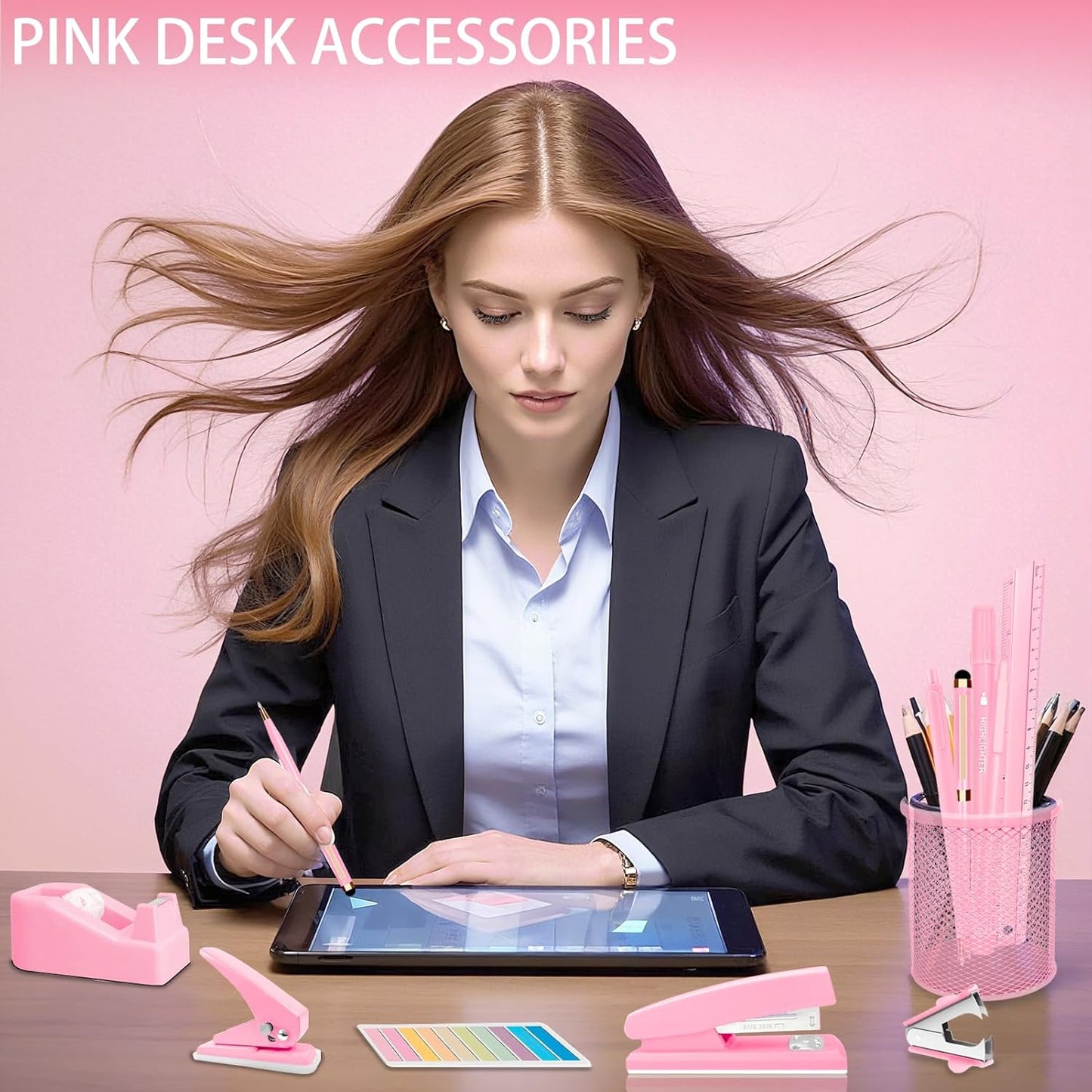 Purple Desk Accessories, 17Pcs Purple Office Supplies Set with Stapler, Mesh Desk Organizer, Tape Dispenser, Staple Remover, Pen Holder, Clips, Pens, Ruler, for Office Home School Women Students Gift