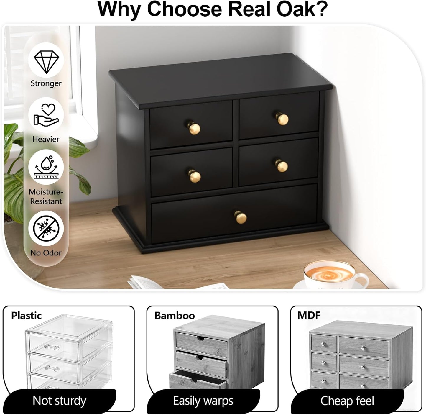 Oak Desk Organizer with Drawers, Durable Wooden Desktop Storage Box with Metal Handles & Non-Slip Silicone Pads, 4 Drawer Tabletop Organizer for Office, Bedroom, Bathroom, Vanity, and Makeup – Walnut