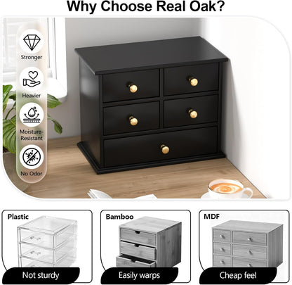 Oak Desk Organizer with Drawers, Durable Wooden Desktop Storage Box with Metal Handles & Non-Slip Silicone Pads, 4 Drawer Tabletop Organizer for Office, Bedroom, Bathroom, Vanity, and Makeup – Walnut