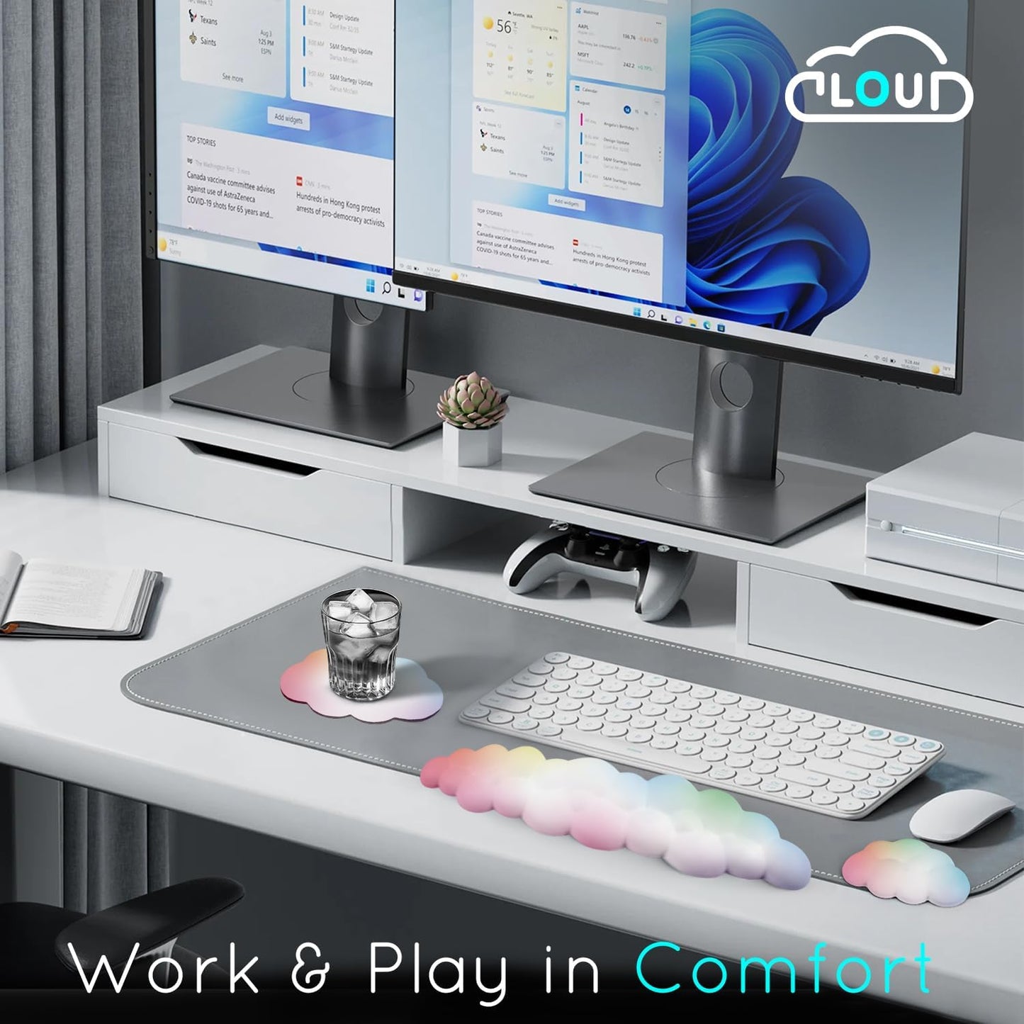 Cloud Wrist Rest for Computer Keyboard Arm Wrist Rest with Non-Slip Base Extended Wrist Rest Ergonomic Memory Foam for Keyboard and Mouse Typing Pain Relief, Office, Gaming, Computer