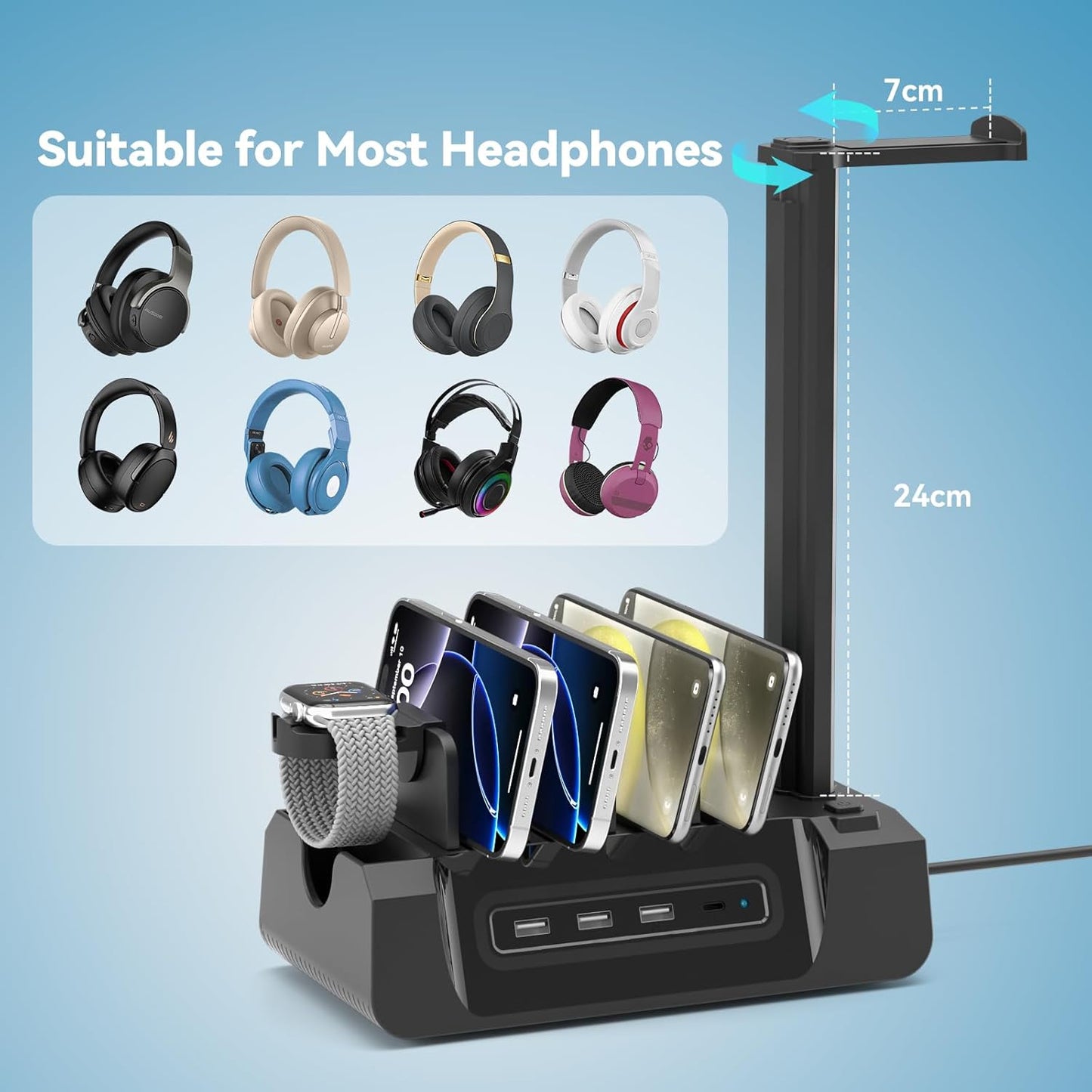 KDD Charging Station with 6 Charging Cables - Fast Charging 6 in 1 Cellphone Charging Dock with Headphone Stand and Watch Holder - 2 AC&USB A&USB C, Storage Station for Smartphone,Tablets, AppleWatch