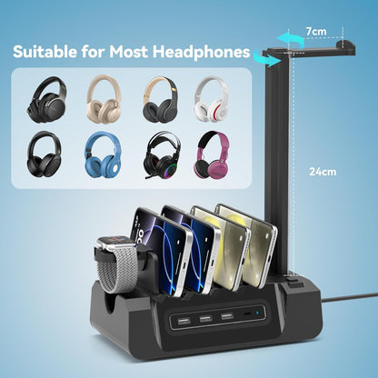 KDD Charging Station with 6 Charging Cables - Fast Charging 6 in 1 Cellphone Charging Dock with Headphone Stand and Watch Holder - 2 AC&USB A&USB C, Storage Station for Smartphone,Tablets, AppleWatch