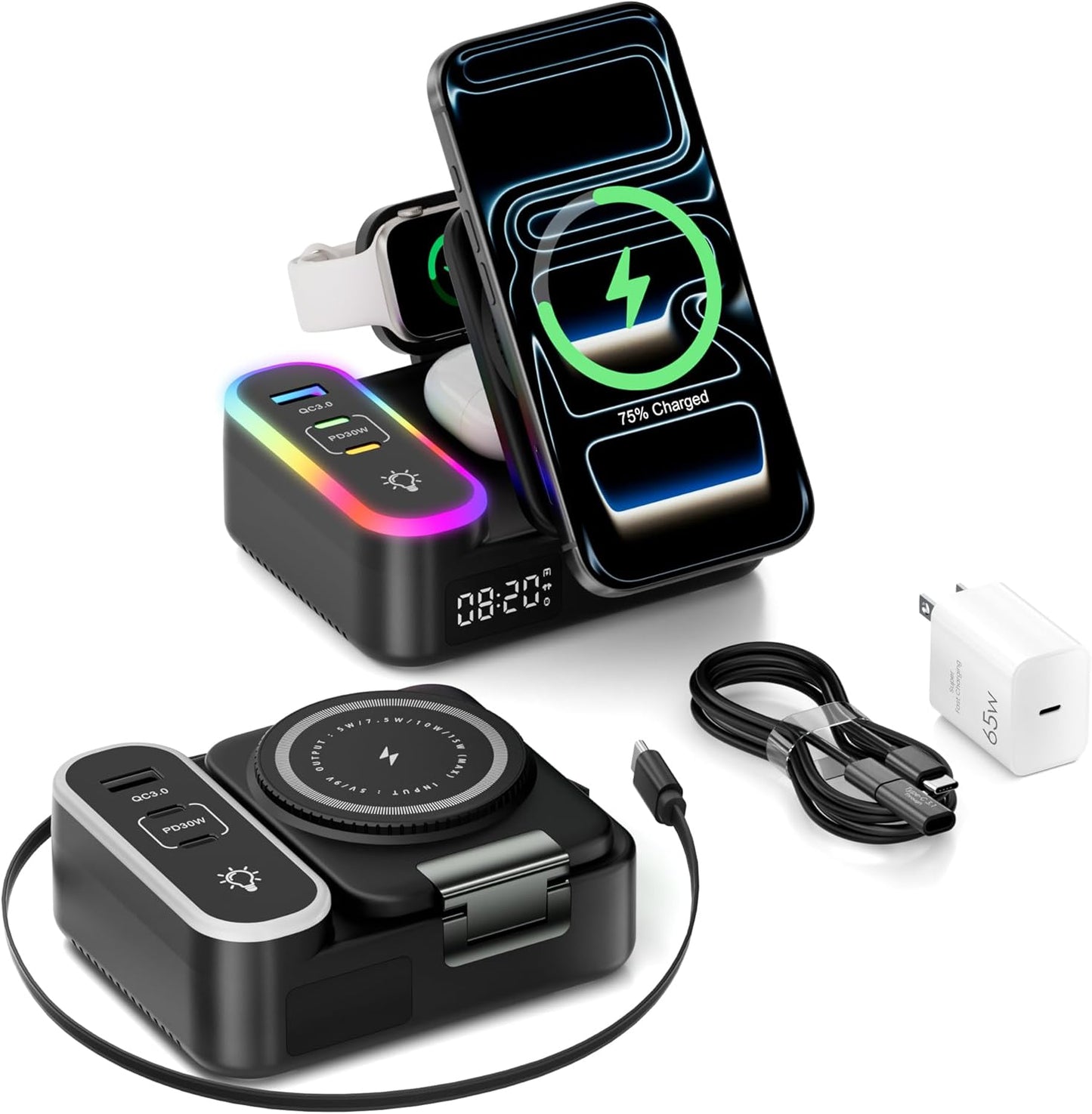 65W 8-in-1 Charging Station, 15W Magnetic Wireless Charger with Retractable Cable, 30W USB C Fast Charging Stand for iPad, Multiple Devices for iPhone 17 16 15 14 13 12 Pro Max Apple Watch Airpods