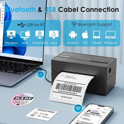 KNAON Bluetooth Thermal Shipping Label Printer, 4x6 Portable Thermal Address Label Printer for Small Business, Compatible with iPhone,Android,Windows,Mac–Works with Etsy Shopify USPS&More, White