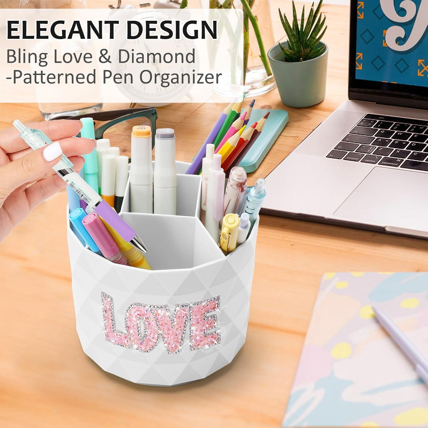 Desk Organizer, 360-Degree Rotating Pencil Pen Holders For Desk, Diamond Pattern Pen Organizer With 5 Compartments, Cute Desk Accessories Decor For Office, School,Home,Art Supply (Pink)