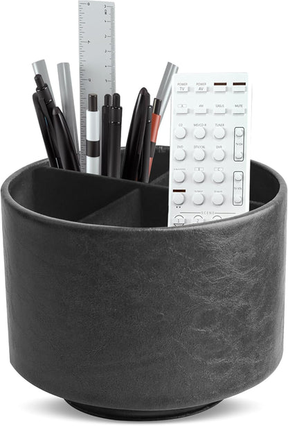 Hennaja Round Leather Art Supply Organizer,Remote Control Holder,360 Degree Rotating,Multi-Functional Pencil Holder,4 Compartments Desktop Stationary Organizer(1-Blue Bird) - Colors C