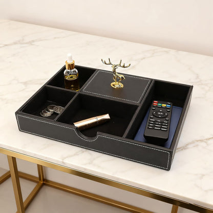 Jewelry Trays Nightstand Organizer, Valet Tray for Men and Women, Dressing Table Storage Box, Dark Brown Faux Leather, 5 Compartment