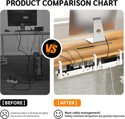 Extended Metal Under Desk Cable Management Tray with Power Outlet, No-Drill Wire Organizer with Clamp, Cord Storage Raceway for Desk Cable Management for Office Home (White)