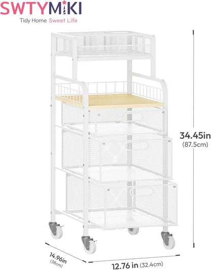 SWTYMIKI Rolling Cart with Drawers - Metal Utility Cart with Wood Shelf, DIY Divider and Locking Wheels, Craft & Art Cart Organizer for Under Desk Storage for Home Office Studio, Espresso