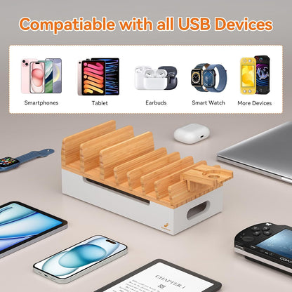 Pezin & Hulin Bamboo Charging Station with Watch Stand, Docking Holder for Multi Device with 5 Port USB Charger HUB, 5 Charge Cables, Desktop Electronic Organizer for Cellphone, Tablet, Watch