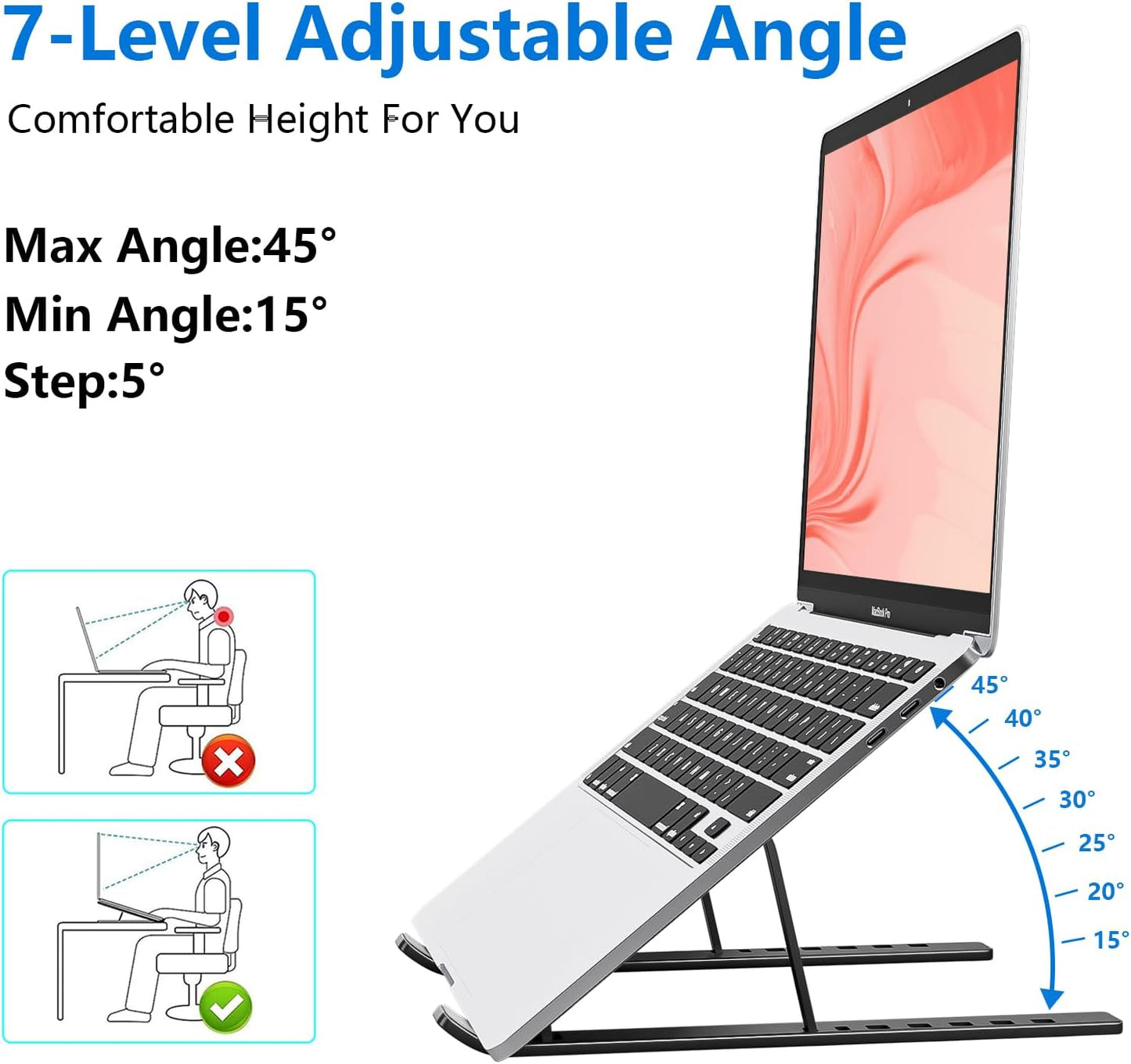 Laptop Stand for Desk, Aluminum Metal MacBook Stand，Computer Riser for Desk, Portable Foldable Adjustable Notebook Holder, Compatible with 10-15.6 Inch Laptops, iPad, Silver.
