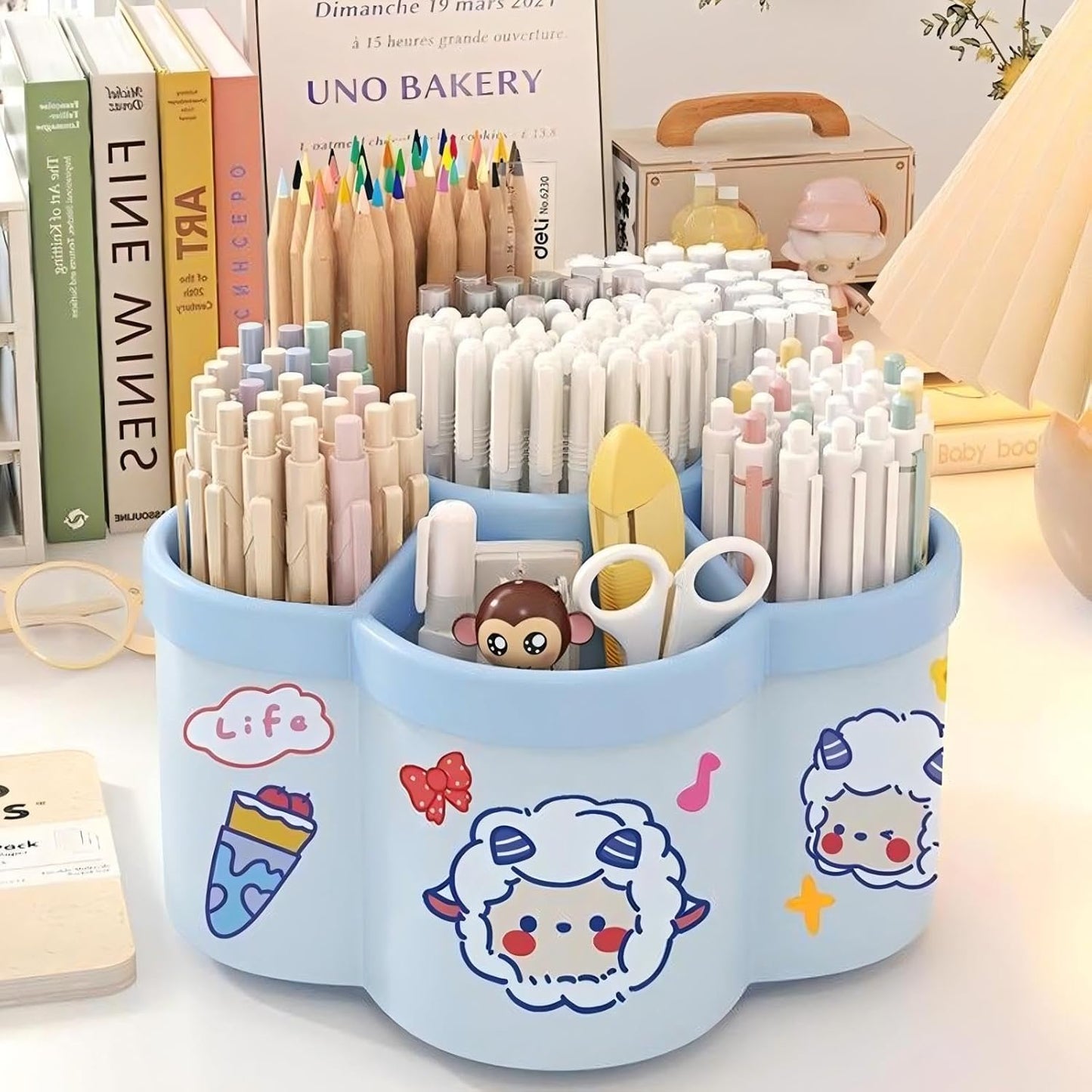 Pen Holder for Desk, 360°Rotating Pencil Pen Holder,Pen Organizer with 6 Slots, Large-capacity Desk Organizer,Office, School, Home Use (Beige)
