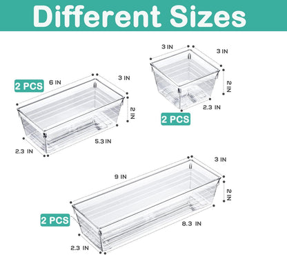 DCA 6 Pack Clear Drawer Organizer, Acrylic Drawer Storage Trays, Storage Bins for Makeup, Cosmetics, Jewelries, Utensils, Gadgets, Office