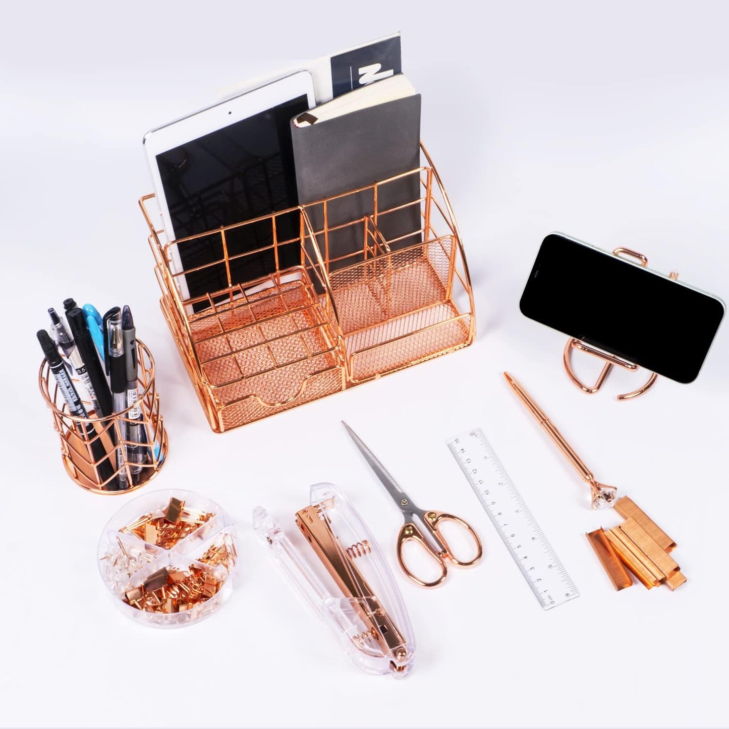 KAAKOW Gold Desk Organizers and Accessories Office Supplies Set Stapler, Pen Holder, Phone Holder, Scissors, Pen, Ruler, 30 Paper Clips, 22 Binder Clip, 20 Tacks and 1000pcs Staples (Gold)
