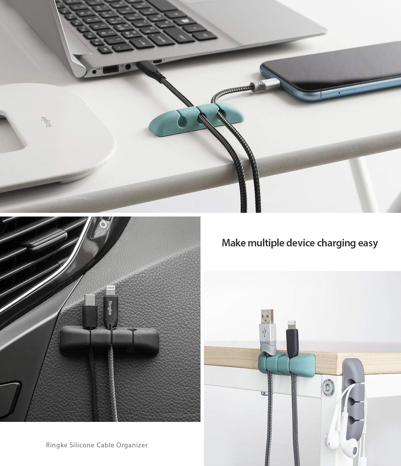Ringke Silicone Cable Organizer for Cable Management, Durable Flexible Cord Organizer, Powerful Adhesive Cable Clips - 4 Pack