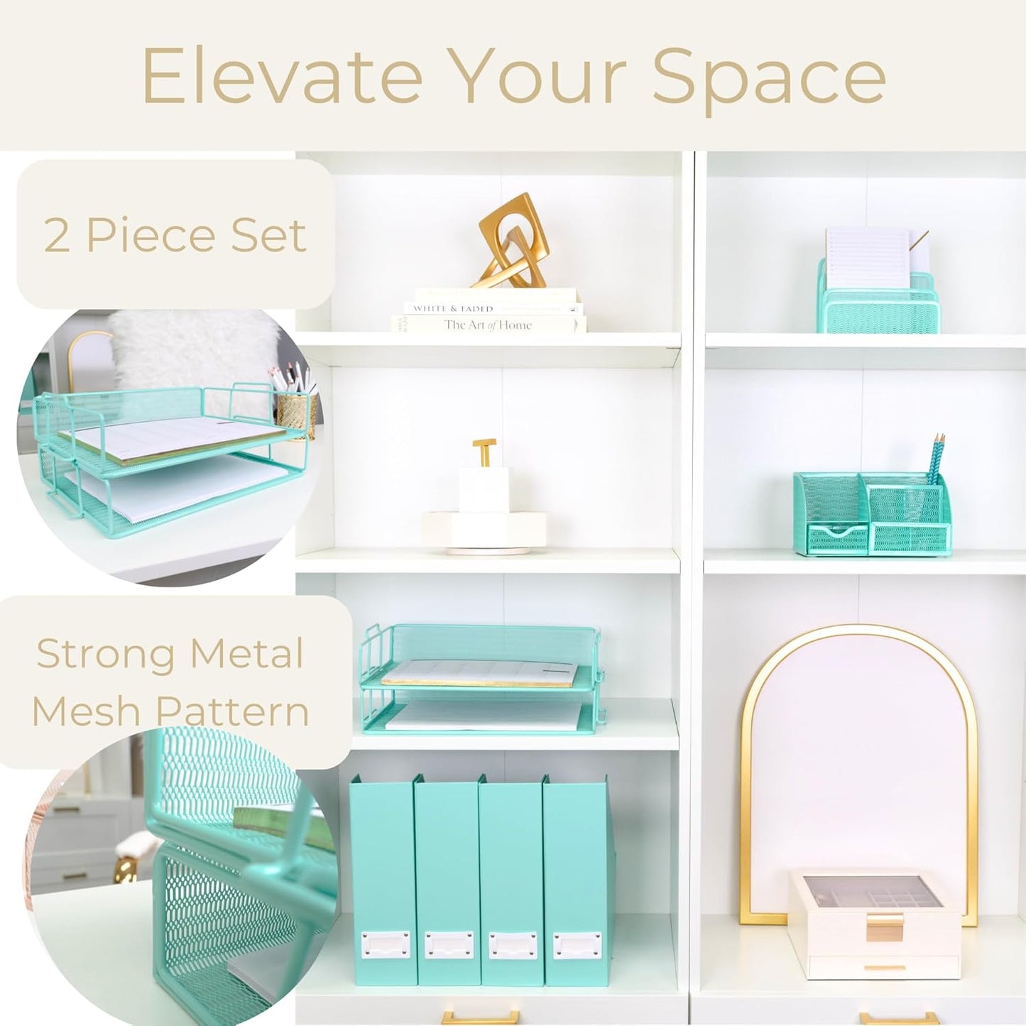 BLU MONACO | Paper Tray Stackable Gold Mesh Set of 2 | Stackable File Trays for Desk Organization | Tiered Desk Organizer with Metal Letter Trays