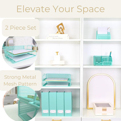 BLU MONACO | Paper Tray Stackable Gold Mesh Set of 2 | Stackable File Trays for Desk Organization | Tiered Desk Organizer with Metal Letter Trays