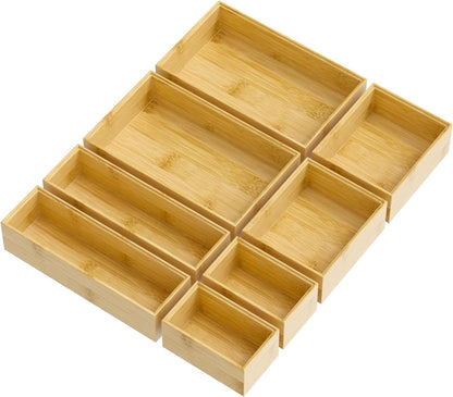 Bathroom Drawer Organizer Trays, Bamboo Drawer Organizer Kitchen Utensils Silverware Organizer, 8 PCS Wood Box Stackable Bins for Makeup, Office Desk, Junk Drawer (Black)