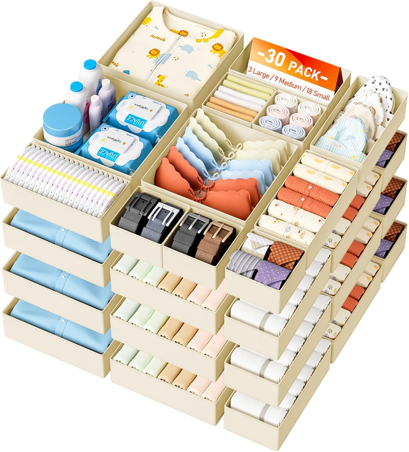 DIMJ Drawer Organizer Clothes - 20 Pack Closet Drawer Organizer Bins for Baby Clothes Storage, Fabric Dresser Organizer for Nursery Bedroom, Foldable Small Drawer Dividers for Underwear Socks