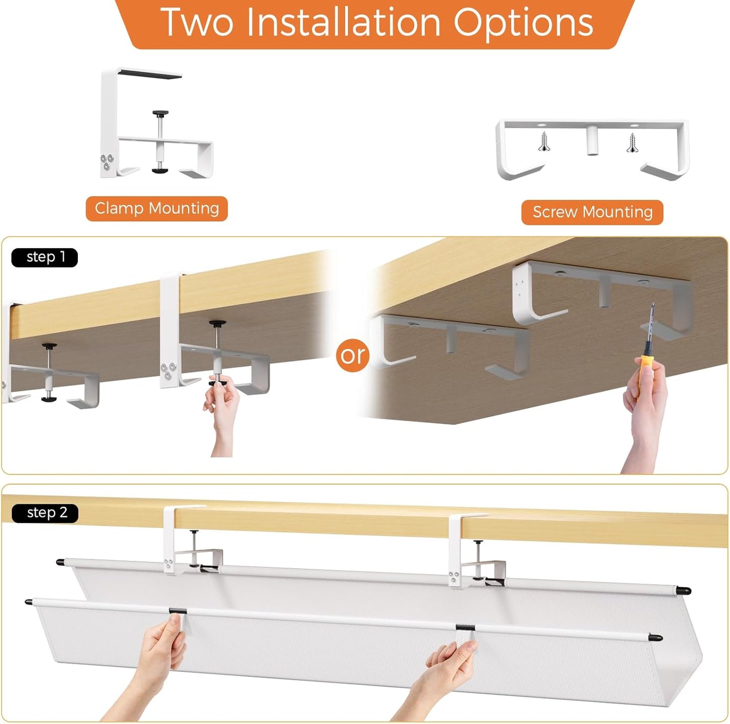 Under Desk Cable Management Tray - 36" Cord Organizer for Desk No Drill, Fabric Under Table Wire Organizer with 16X Cable Ties Hide for Office/Home, Cord Hider Fits Adapters & Sockets, White