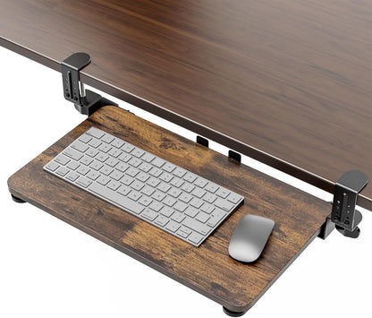 Large Keyboard Tray Under Desk, Pull Out Keyboard & Mouse Tray with Adjustable C-clamp, 25.6(31.5 Including Clamps) x 11.8 Inch Slide Out Computer Keyboard Drawer Mouse Tray for Typing, Brown