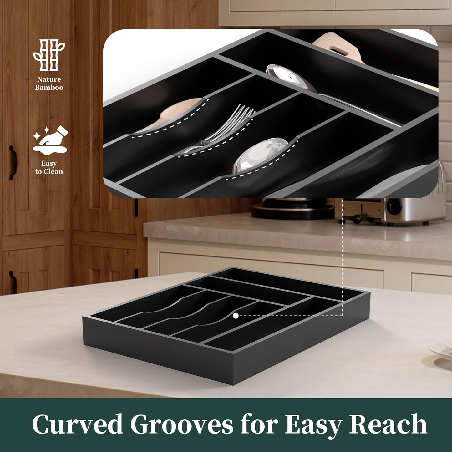 Small Silverware Organizer, Bamboo Kitchen Drawer Organizer, Utensil Holder, Cutlery Tray & Spoon Flatware Storage with Grooved Drawer Dividers (6.7''W x 12''D)