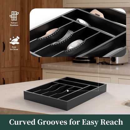 Small Silverware Organizer, Bamboo Kitchen Drawer Organizer, Utensil Holder, Cutlery Tray & Spoon Flatware Storage with Grooved Drawer Dividers (6.7''W x 12''D)