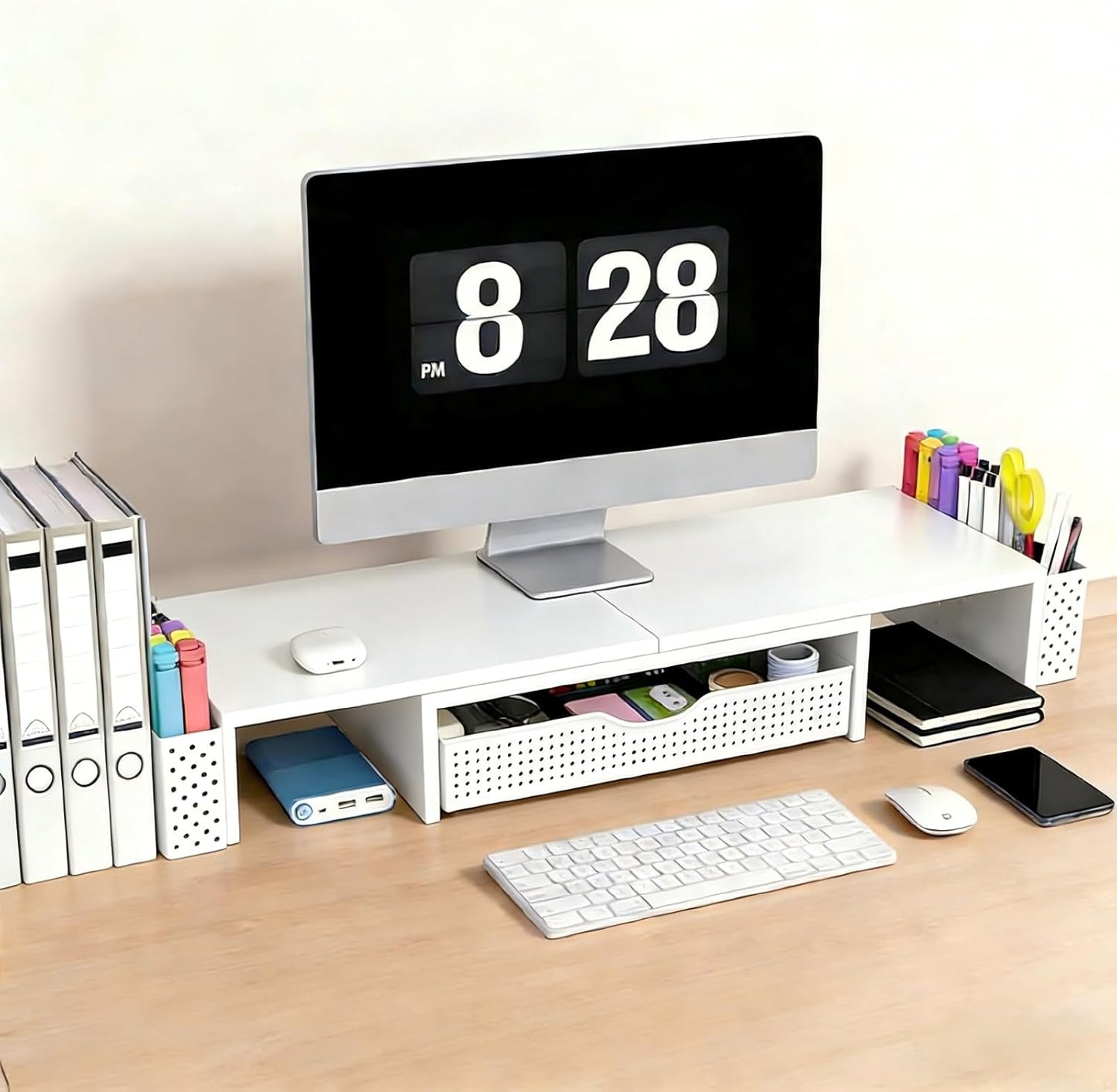 Spacrea Metal Desk Organizers and Accessories, Dual Monitor Stand Riser with Drawer and 2 Pen Holders, Book Racks, Desk Accessories & Workspace Desktop Organizers for Office Supplies (Black)