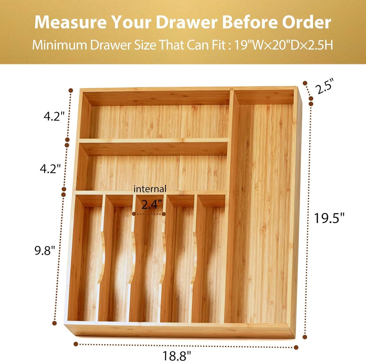 Umilife Bamboo Kitchen Drawer Organizer, 13 Inch Silverware Utensil Tray Holder, Extra Deep Grooved Drawer Divider, 7 Slots Total Bamboo Wood Caddy for Flatware Cutlery Knives, Forks, Spoons